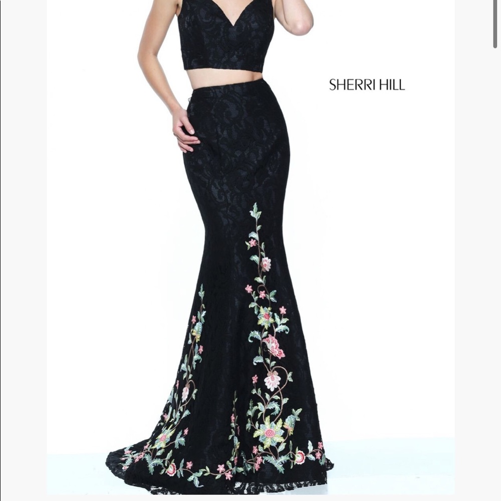 Black v-neck two piece lace embroidered mermaid Sherri Hill gown
